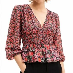 Desigual New Ditsy Floral Plumetis V-Neck Blouson Peplum Shirt SZ Large Boho